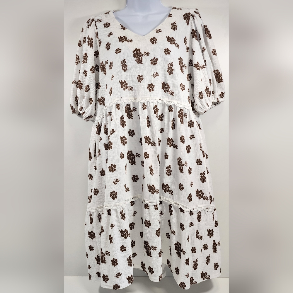Mikarose Dress Floral Size M White/Brown Spring Tiered Cloud Dress Pockets‎ Lace